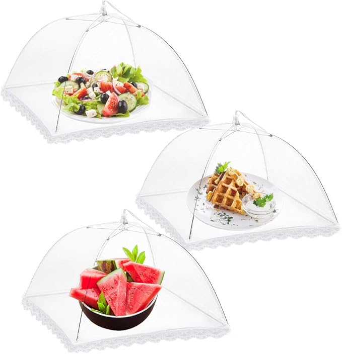 Onarway 3 Pack Food Covers 12 Inch Pop-Up Encrypted Mesh Plate Serving Tents, Fine Net Screen Umbrella for Outdoors, Parties, Picnics, BBQs, Reusable and Collapsible by Onarway