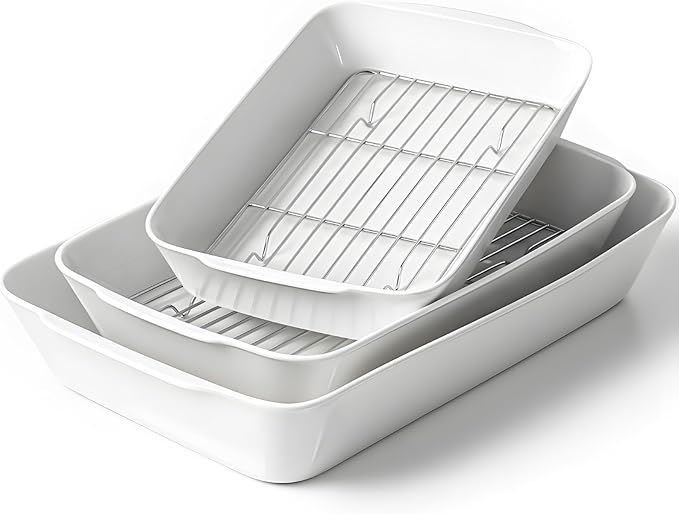 HOMBENE Casserole Dishes for Oven, Ceramic Baking Dishes Set of 3 with Roasting Racks, Rectangular Lasagna Pan with Handles for Baking, Gift, Dinner Microwave Oven Safe (2QT/3QT/4.2QT) by HOMBENE