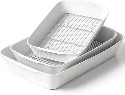 HOMBENE Casserole Dishes for Oven, Ceramic Baking Dishes Set of 3 with Roasting Racks, Rectangular Lasagna Pan with Handles for Baking, Gift, Dinner Microwave Oven Safe (2QT/3QT/4.2QT) by HOMBENE