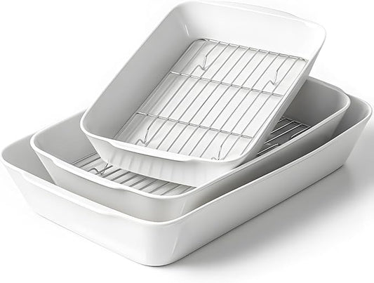 HOMBENE Casserole Dishes for Oven, Ceramic Baking Dishes Set of 3 with Roasting Racks, Rectangular Lasagna Pan with Handles for Baking, Gift, Dinner Microwave Oven Safe (2QT/3QT/4.2QT) by HOMBENE