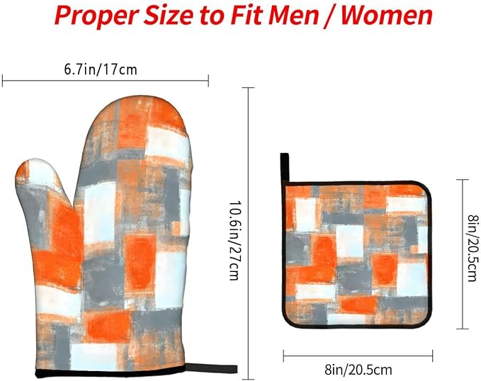 LOKMU Oven Mitts and Pot Holders Set of 3, Orange and Grey White Abstract Art Heat Resistant Kitchen Gloves Hot Pads for Cooking Baking BBQ, Kitchen Decor Gifts for Cooking Lover Cooks