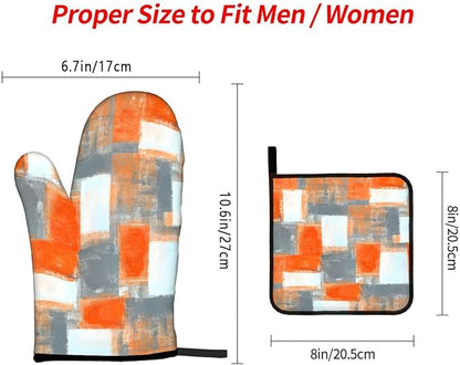 LOKMU Oven Mitts and Pot Holders Set of 3, Orange and Grey White Abstract Art Heat Resistant Kitchen Gloves Hot Pads for Cooking Baking BBQ, Kitchen Decor Gifts for Cooking Lover Cooks