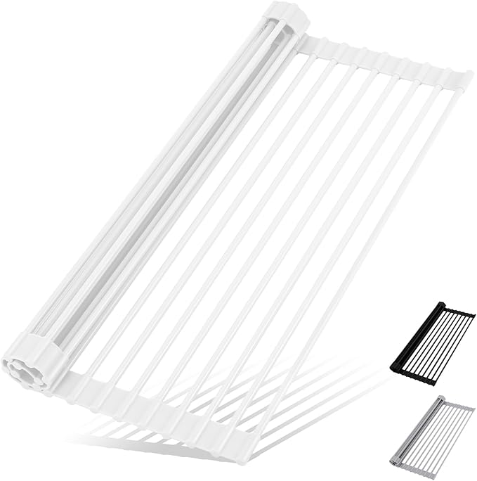HANZENMA Roll Up Dish Drying Rack Over The Sink Kitchen Roll Up Sink Drying Rack Multipurpose Foldable Sink Drying Mat, Heat-Resistant, Anti-Slip & Anti-Rust Dish Rack for Kitchen, 20.5" x 13", White by HANZENMA