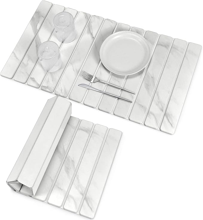 Large Stone Dish Drying Mats for Kitchen Counter, 28"(L)×16"(W) Marble-Pattern, Collapsible Quick Drying Dish Mats, Ultra Absorbent Diatomaceous Earth Mats for Dishes , Match Any Countertop by Lprmnnc