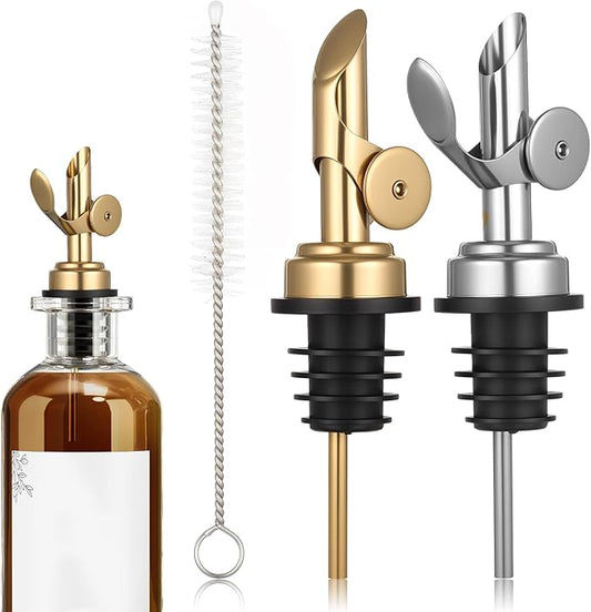 2 PCS Oil Spout, Olive Oil Pour Spout, Self Closing Liquor Bottle Pourers, Weighted Stainless Steel PourerSpout, Vinegar, Syrup, Gold and Silver
