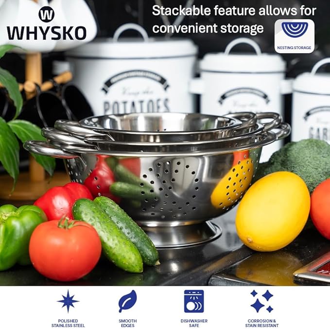 Whysko 3 Pack Stainless Steel Colanders with Handles - 5 Qt, 3 Qt, 1 Qt - Durable Colander for Kitchen Strainers and Colanders Set - Ideal Metal Colander for Pasta, Vegetables, Food Prep - Image 4