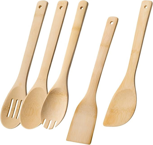 Wooden Spoons for Cooking, 5PCS Wooden Utensil Set Includes Slotted Spoon, Wooden Spoon & Wooden Spatula, Bamboo Cooking Utensils for Non-Stick Pans, Natural Bamboo Utensils by HEFILD