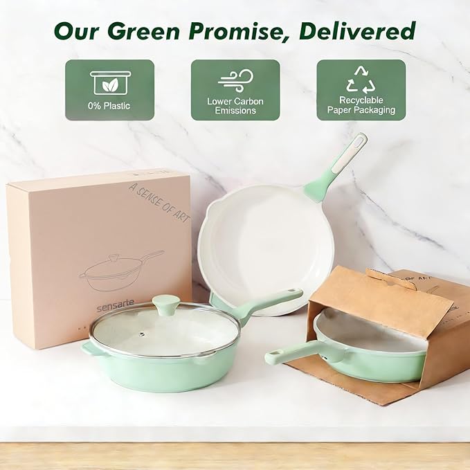 SENSARTE Nonstick Ceramic Skillet with Lid 10-inch, 3.5QT Non Toxic Deep Frying Pan, Dishwasher Safe Saute Pan with Lid, Stay-cool Handle, Healthy Induction Cooking Pot, Green - Image 6