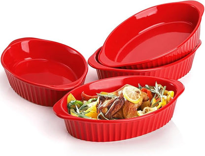 Foraineam 4 Pcs 15 oz Porcelain Oval Baking Dish Set, 8.7 x 5.3 x 1.7 inch Oven Safe Au Gratin Pans Small Table Serving Dishes, Lasagna Pan Crème Brulee Bakeware Set with Double Handles