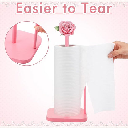 Leinuosen Pink Rose Paper Towel Holder Coquettish Cute Rose Wooden Paper Towel Holder Pink Bathroom Countertop Accessories Kitchen Roll Stand Organizer Standing Apartment Decor Housewarming Gift