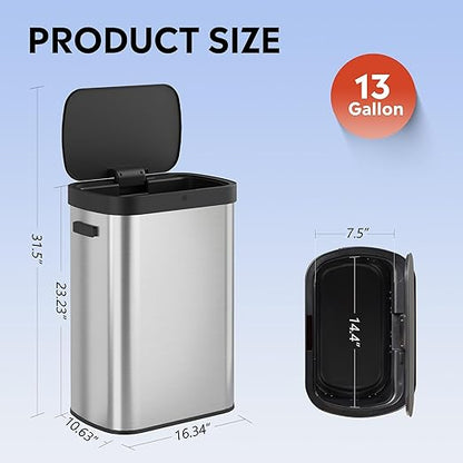 WLIVE 13 Gallon Trash Can, 50 Liter Large Capacity Motion Sensor Automatic Trash Cans Touchless with LED Indicator, Brushed Stainless Steel Finish Garbage Cans for Kitchen, Office, School, Silver