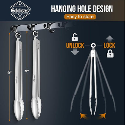 Eddeas 2PCS 9inch Tongs for Cooking - Heat Resistant 600 Degree Kitchen Tongs, Heavy Duty All Metal Food Tongs, Stainless Steel and Non-Slip handle, Salad, Grilling, Barbecue, Dishwasher safe - Image 8