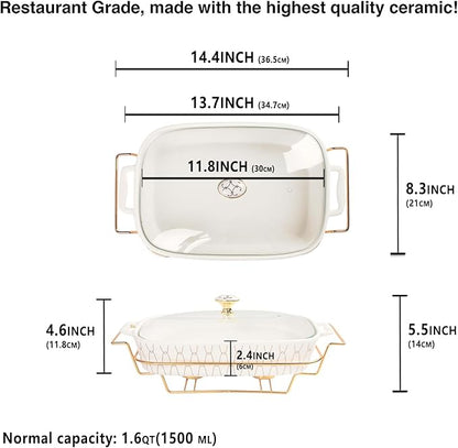 11" x 8" Ceramic Casserole Dish with Glass Lid and Rack, 50 ounce Serving Soup Tureen,Chafing Dish for Buffet, Family Food preserve Tray, Catering Casserole for Party Style, White