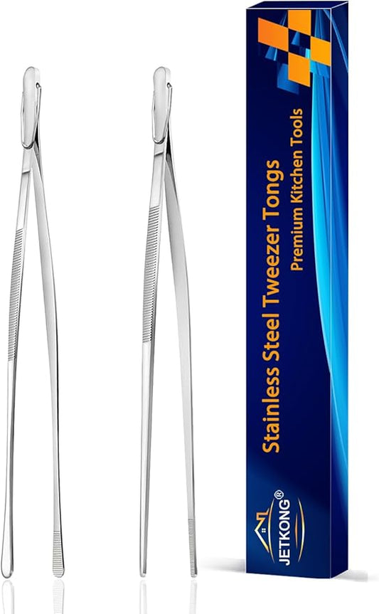 JETKONG 2 Pcs 9-Inch Kitchen Tweezers Cooking Tweezers Stainless Steel Tweezers Tongs (Silver) by JETKONG