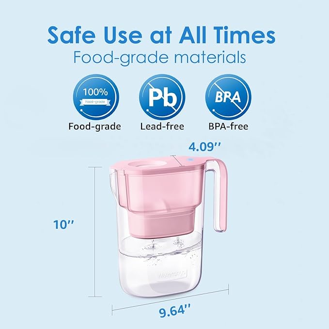 Waterdrop PT-05P Water Filter Pitcher with 4 Filters, 7-Cup Capacity, NSF Certified, 5X Longer Filter Life, Up to 800 Gallons, Fridge-Friendly Design, Reduces PFOA/PFOS and Chlorine, Pink - Image 3