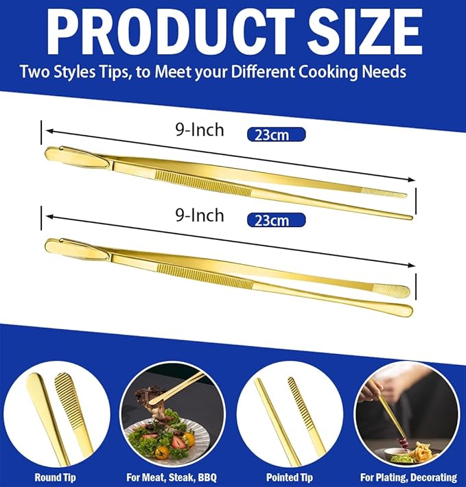 JETKONG 2 Pcs 9-Inch Cooking Tweezers Stainless Steel Food Tweezers Kitchen Tweezer Tongs (Gold) - Image 3