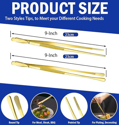 JETKONG 2 Pcs 9-Inch Cooking Tweezers Stainless Steel Food Tweezers Kitchen Tweezer Tongs (Gold) - Image 3
