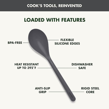 GreenPan Silicone Solid Spoon, Mixing Stirring Serving, Cooking Kitchen Utensil, Flexible Rubber Nonstick Cookware, Rigid Steel Core, Heat-Resistant, Anti-Slip Handle, BPA-Free, Dishwasher Safe, Gray