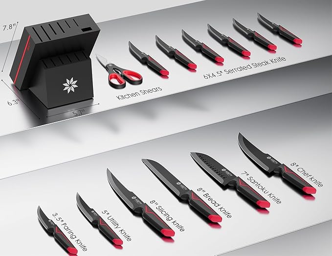 Knife Set - 15 PCS Kitchen Knife Set with Built-in Knife Sharpener Block - Stainless Steel Knife Block Set - Dishwasher Safe, Elegant Box for Men Women, Mothers Day, Red - Image 2