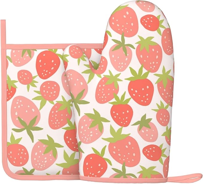 Strawberry Silicone Oven Mitts Pan Mats Set of 2, Heat Resistant Gloves Potholder with Non-Slip Grips Hanging Loops Pot Holder, Spring Summer for Chef Cooking, Baking, Grilling, BBQ