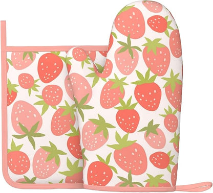 Strawberry Silicone Oven Mitts Pan Mats Set of 2, Heat Resistant Gloves Potholder with Non-Slip Grips Hanging Loops Pot Holder, Spring Summer for Chef Cooking, Baking, Grilling, BBQ