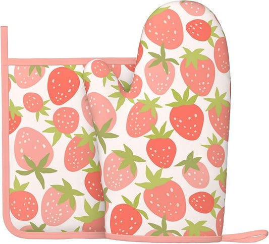 Strawberry Silicone Oven Mitts Pan Mats Set of 2, Heat Resistant Gloves Potholder with Non-Slip Grips Hanging Loops Pot Holder, Spring Summer for Chef Cooking, Baking, Grilling, BBQ