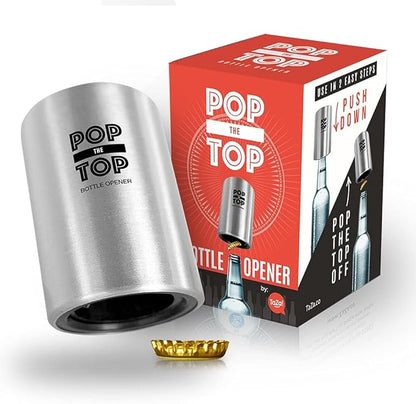 Pop-the-Top Beer Bottle Opener (Stainless): Automatic Bottle Cap Opener, Push Down Pop Off Bar Tool, Soda and Beer Cap Remover, Cool & Fun Gadget by TaZa