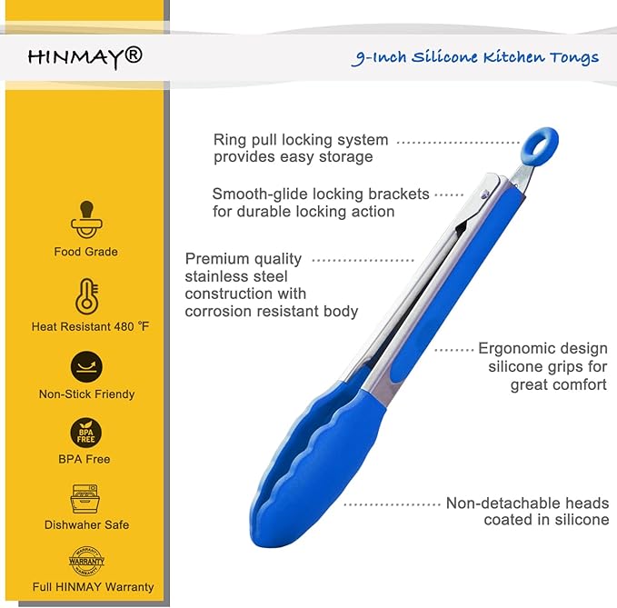 HINMAY 9-Inch Cooking Tongs with Silicone Tips, Set of 3 (Blue) - Image 2