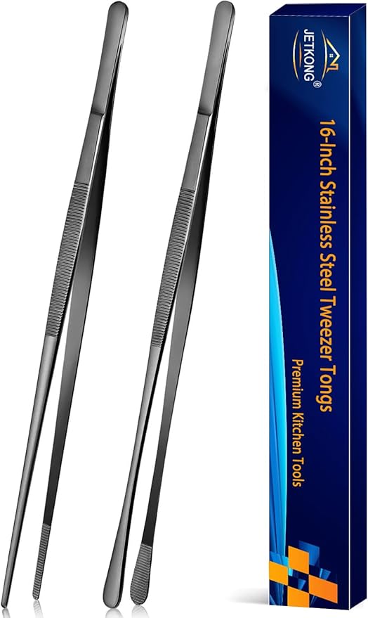 JETKONG 2 Pcs 16-Inch Kitchen Tweezers Tongs with Precision Serrated Tips, Stainless Steel Chef Tweezer Professional Cooking Tweezers for BBQ, Plating and Serving (16-Inch, Black) by JETKONG