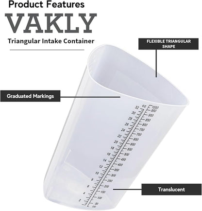 Vakly Plastic Graduated Triangular Intake Output Container [5 Pack] 32 ounce Three-Sided Translucent Laboratory Beaker for Measuring & Mixing - Clear Markings in oz & cc - for Specimen, Paint & Epoxy