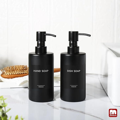 GMISUN Black Soap Dispenser, Hand Soap Dispenser Bathroom, Hand and Dish Dispenser Set for Kitchen, 12 fl oz/350ml Glass Liquid Soap and Lotion Dispensers with Stainless Steel Pump, 2 Pack Refillable