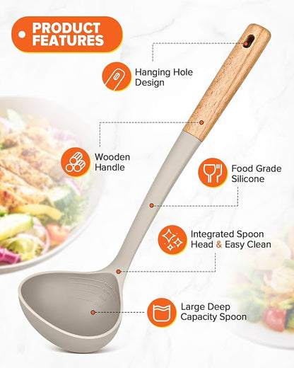 Pasta Fork and Ladle Set, Perfect for Serving Hot Soup, Stirring, and Sauce Pasta, BPA-Free Matte Silicone, Wood Handle Spaghetti Spoon for Nonstick Cooking Surfaces (Khaki)