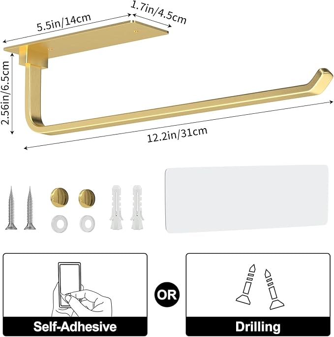 Paper Towel Holder - Self-Adhesive or Drilling, Gold, Upgraded Aluminum Kitchen Roll Dispenser Under Cabinet, Lighter but Stronger Than Stainless Steel! - Image 5