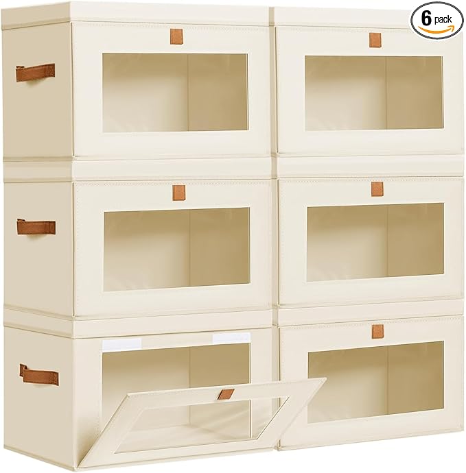 DIMJ Storage Bins with Lids - 6 Pack Large Fabric Closet Organizer with Window & Handles, Collapsible Decorative Storage Boxes for Shelves Under Bed, Books Clothes Blankets Sweaters Organization by DiMJ