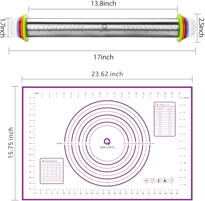 Rolling Pin and Pastry Baking Mat Set, Rolling Pins with Adjustable Thickness Rings, Stainless Steel Dough Roller for Baking Fondant, Pizza, Pie, Pastry, Pasta, Cookies (Purple) - Image 5