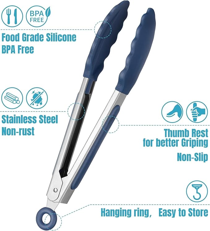 Hotec Mini Silicone Kitchen Tongs for Cooking - 7-Inch Small Serving Tongs with Silicone Tips, Set of 3 (Classic Blue) - Image 6