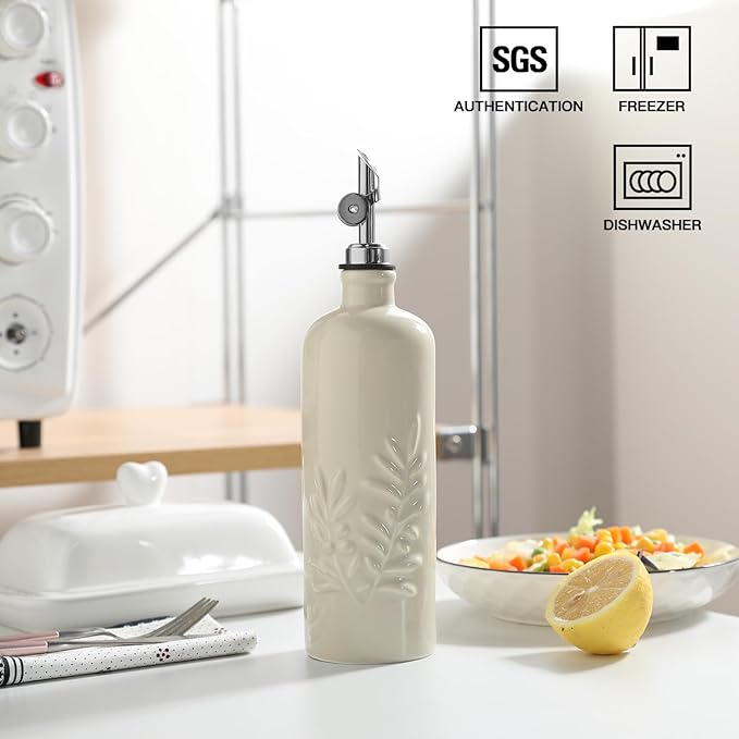 Sweejar 18 Oz Oil Dispenser for Kitchen with Gravity Spout, Ceramic Olive Oil Dispenser Bottle, Relief Opaque Vinegar Container for Evoo, Vinegar, Soy Sauce, Pack of 1(Beige, Silver Spout) - Image 2