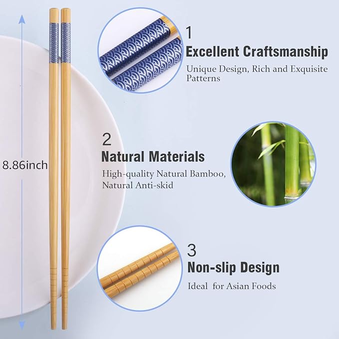 GLAMFIELDS Reusable Chopsticks Japanese Natural Bamboo Classic Style 5 Pairs Lightweight Safe Chop Sticks 8.8 Inch/22.5cm Gift Set - Image 2