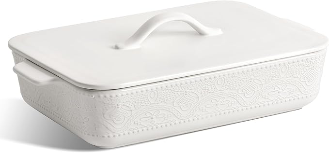 Casserole Dish with Lid, Ceramic 9x13 Casserole Dish for Oven, Rectangular Bakeware, Large Baking Dish with Handles for Holiday Cooking, Roasting, Baking, Oven & Microwave Safe (White) by IntoYourHouseOntoYourTable