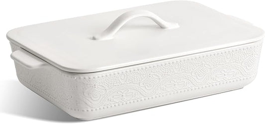 Casserole Dish with Lid, Ceramic 9x13 Casserole Dish for Oven, Rectangular Bakeware, Large Baking Dish with Handles for Holiday Cooking, Roasting, Baking, Oven & Microwave Safe (White) by IntoYourHouseOntoYourTable