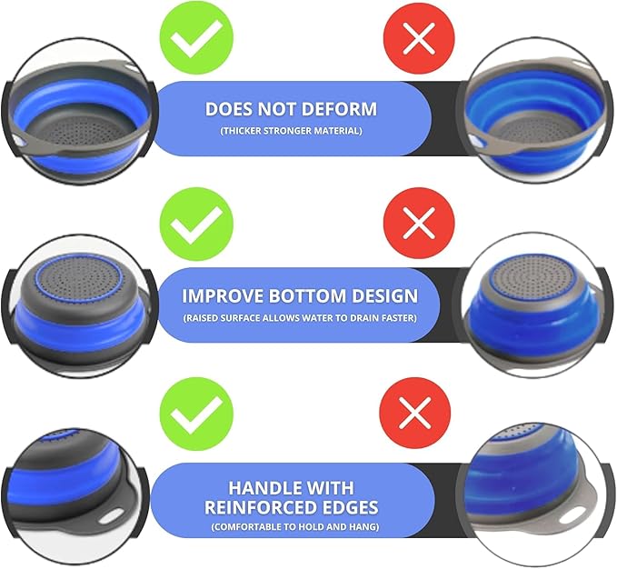 Blue Round Silicone Collapsible Colander – Silicone Round Kitchen Strainers with Plastic Handles Foldable Small Kitchen Strainer Perfect for Draining Pasta Vegetable and Fruit - Image 3
