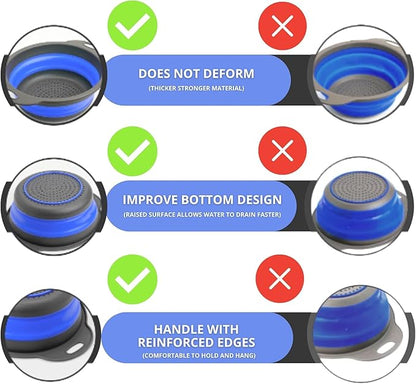 Blue Round Silicone Collapsible Colander – Silicone Round Kitchen Strainers with Plastic Handles Foldable Small Kitchen Strainer Perfect for Draining Pasta Vegetable and Fruit - Image 3
