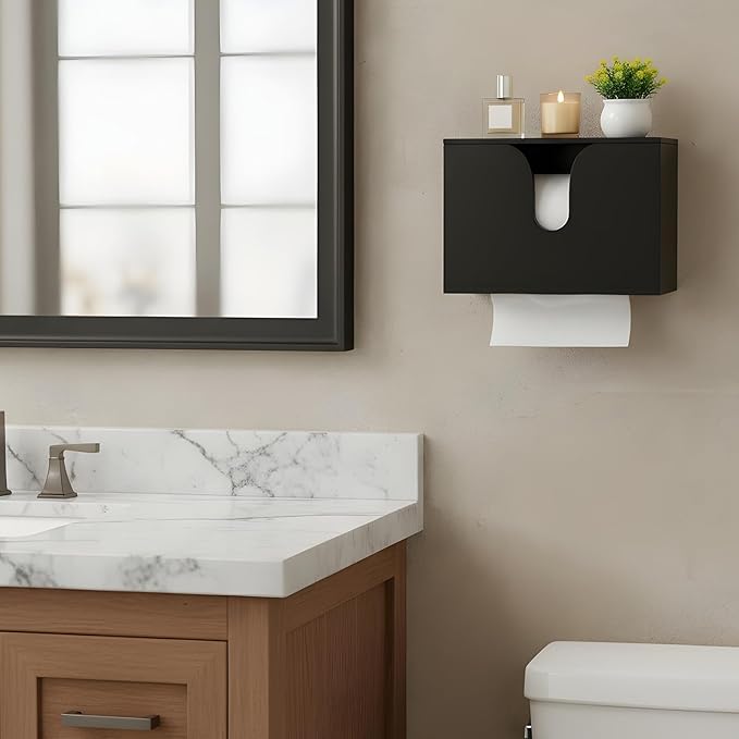 Paper Towel Dispenser Countertop, Wooden Bathroom Paper Towel Holder with Lid for Home Kitchen, Wall Mount Wood Napkin Holder, Trifold Paper Hand Towels Dispenser for Toilet Office Restroom