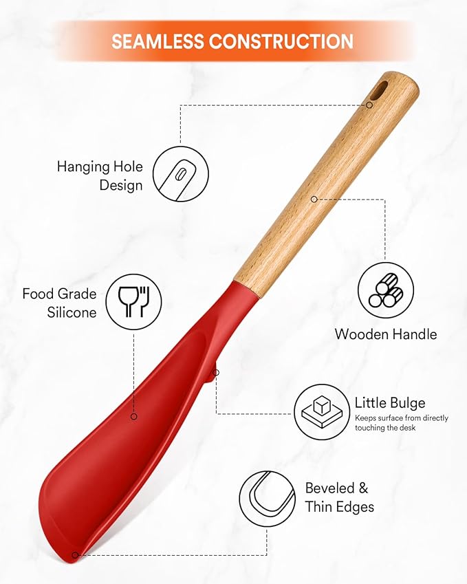 Cooking Spoon for Nonstick Cookwares, Great for Cooking and Serving Sturdy BPA-Free Matte Silicone, Wood Handle Spoon for Mixing, Scoop, and Scrape (2 Pack of Red, 13.4 inch) - Image 4