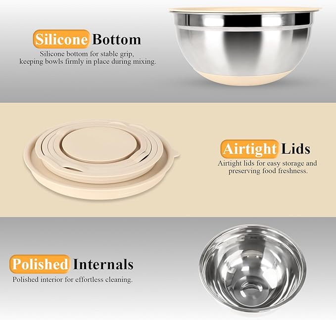 Mixing Bowls with Airtight Lids Set, 20 PCS Kitchen Gadgets Set, 6 Stainless Steel Bowls,3 Grater Attachments,Non-Slip Silicone Bottoms,Great for Serving&Baking,Size 5, 4, 3.5, 2.1, 1.5, 1.1QT (Khaki) - Image 5