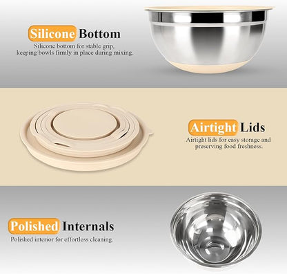 Mixing Bowls with Airtight Lids Set, 20 PCS Kitchen Gadgets Set, 6 Stainless Steel Bowls,3 Grater Attachments,Non-Slip Silicone Bottoms,Great for Serving&Baking,Size 5, 4, 3.5, 2.1, 1.5, 1.1QT (Khaki) - Image 5