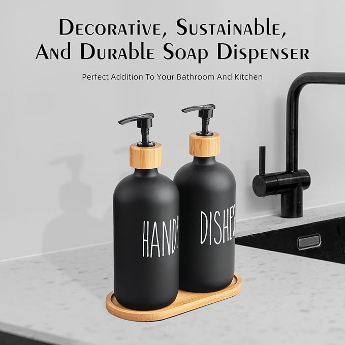 Arktek Glass Soap Dispenser Set with Tray, 2 Pack Hand and Dish Soap Dispenser Set for Bathroom and Kitchen Bottle Dispenser with Dish Soap, Hand Soap, Lotion 17 Oz (2 Black) - Image 5
