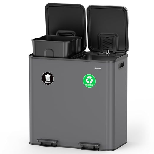 Lovewind 2×11.5 Gallon Dual Trash Can, Stainless Steel Dual Garbage and Recycling Can with Foot Pedal, 90° Stay-Open Lid, Pet-Proof Design – Large Dual Compartment Trash Recycling Bins Kitchen, Grey