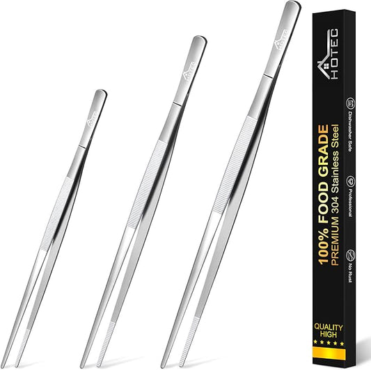 HOTEC Kitchen Tweezers Tongs Stainless Steel Professional Chef Tweezers, Set of 3-6.3", 10" and 12inch Food Tongs for Cooking, Repairing, Dessert, BBQ, Meat, Pasta, Silver by Hotec