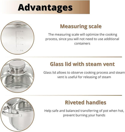 Daniks Standard 2 Quart Stainless Steel Stock Pot with Glass Lid, Tri-Ply Bottom for Even Heating, Induction Compatible, Dishwasher Safe, Built-In Measuring Scale, Silver
